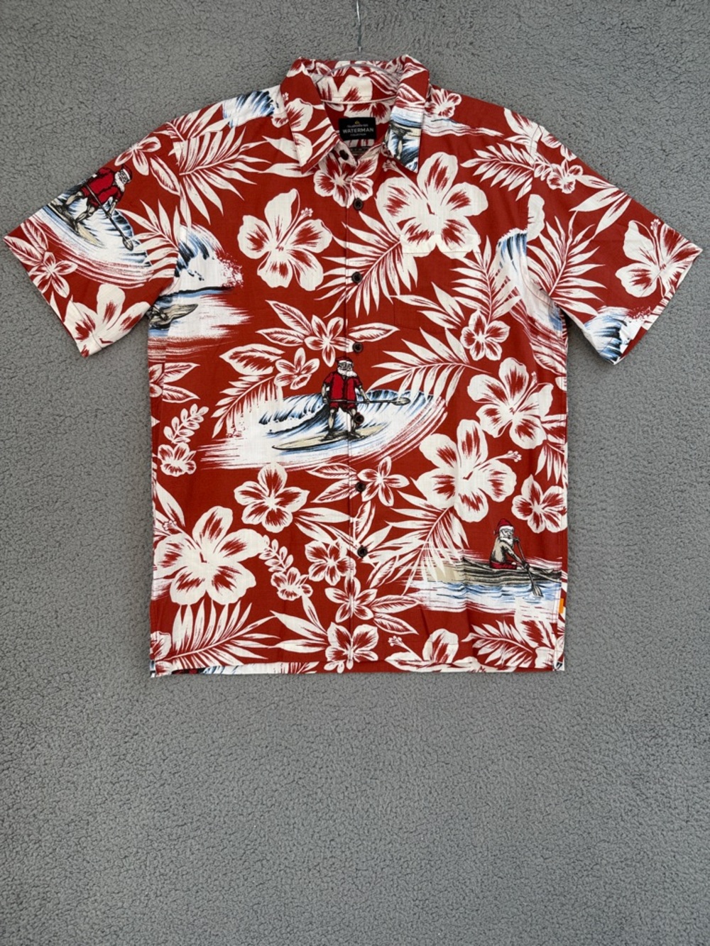 Quicksilver Waterman Christmas Shirt Men’s Medium Orange Hawaiian Floral Surf